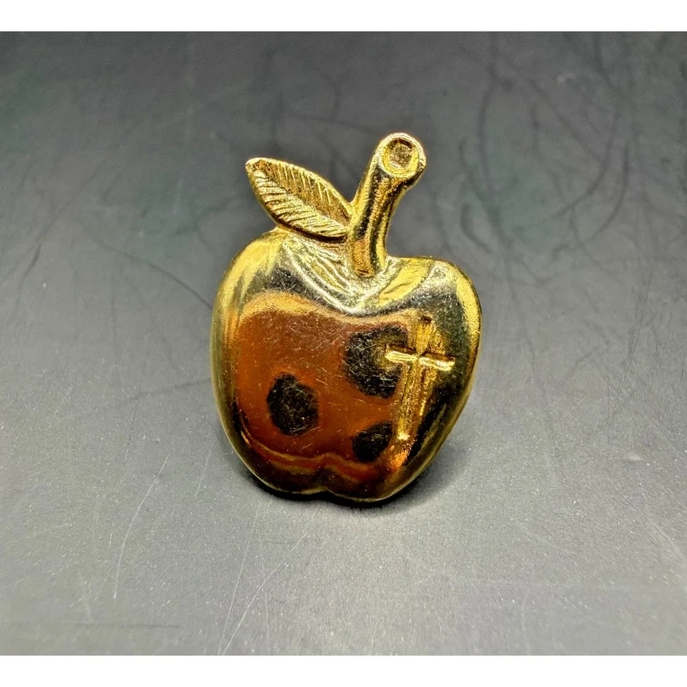 Gold Tone Apple Cross Lapel Pin Teacher Christian Brooch 0.75in